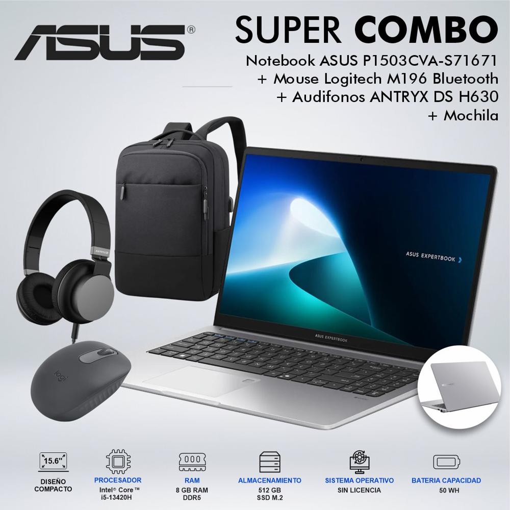 LAPTOP ASUS P1503CVA-S71671 INTEL CORE i5-13420H MEMORIA 8GB DDR5 DISCO 512GB SSD M2 90NX0881M01V80