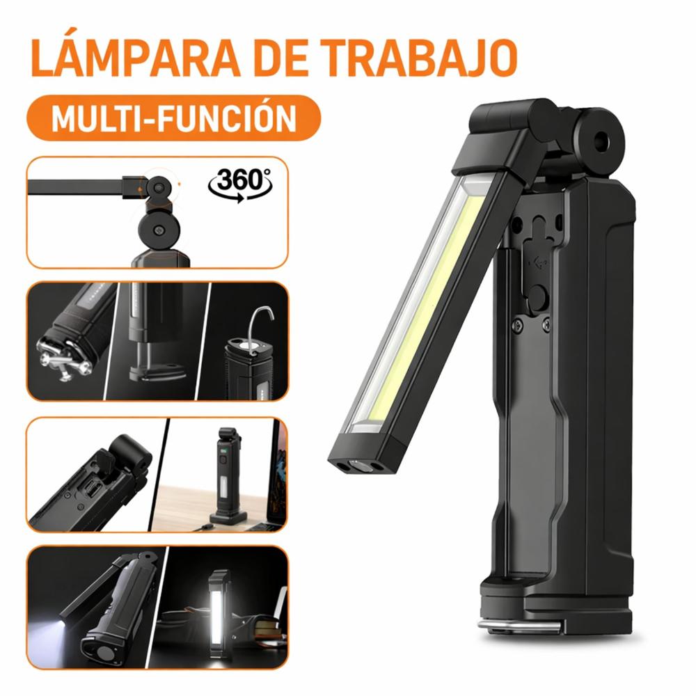 Linterna de Trabajo COB 800 Lúmenes Recargable USB Tipo C con Imán Base Magnética y Batería