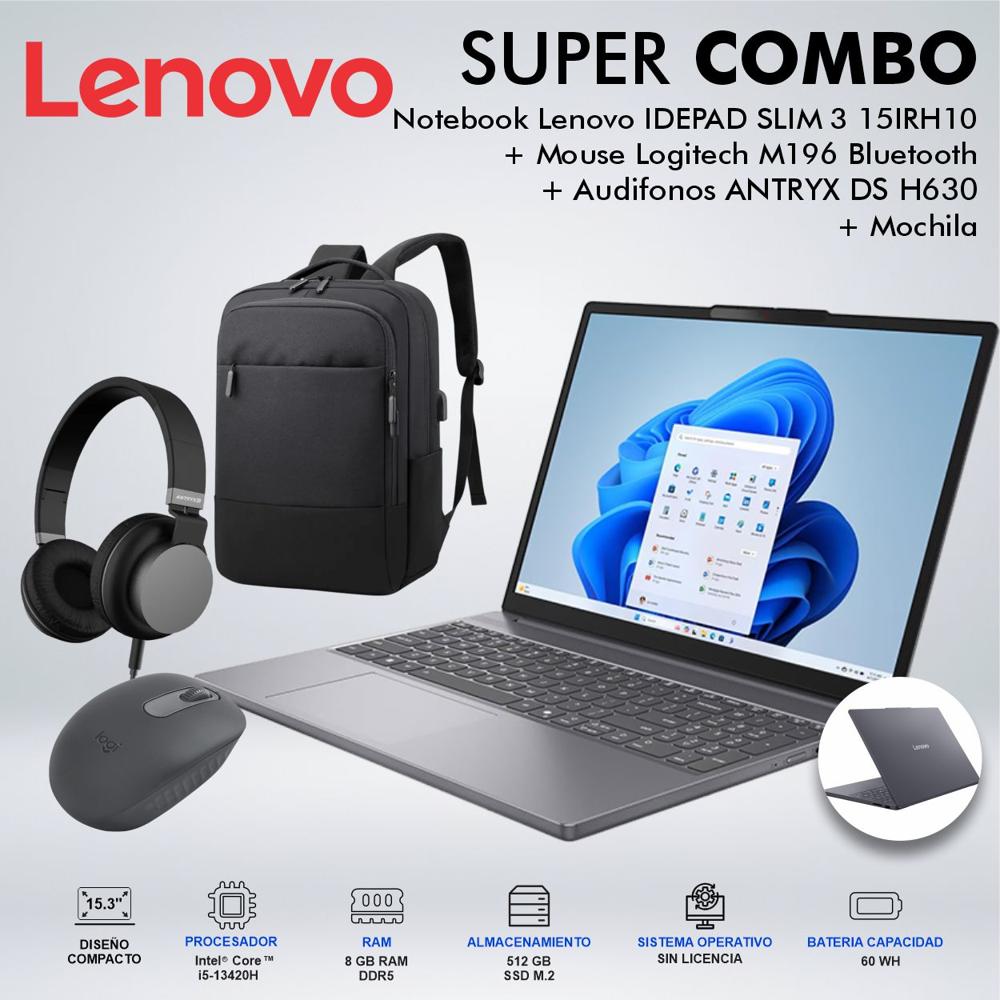 LAPTOP LENOVO IDEAPAD SLIM 3 15IRH10 INTEL CORE i5-13420H MEMORIA 8GB DDR5 DISCO 512GB SSD M2