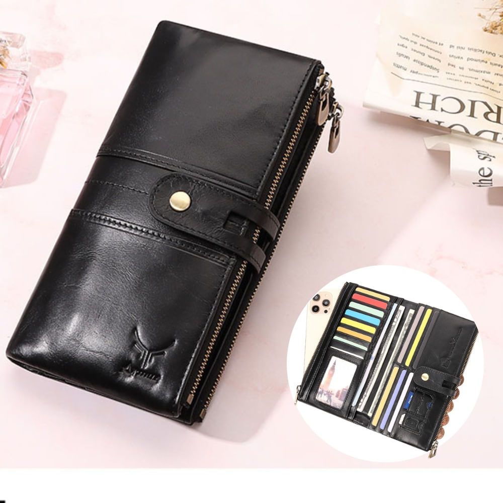 Billetera De Cuero Vacuno Para Mujer BP803 Negro. RFID