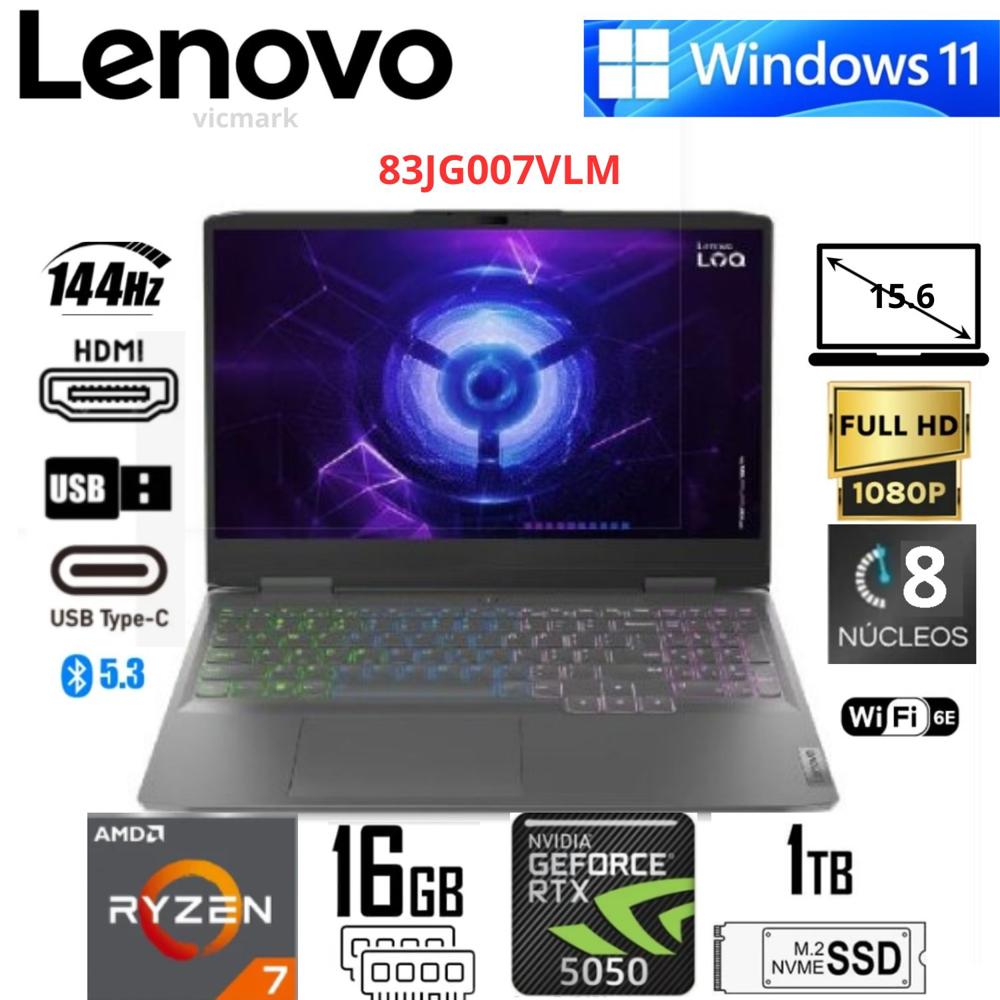Laptop Gamer Lenovo LOQ 15AHP10 Ryzen 7-250 16GB 512GB SSD RTX 5050 8GB  FHD 144Hz  83JG007VLM