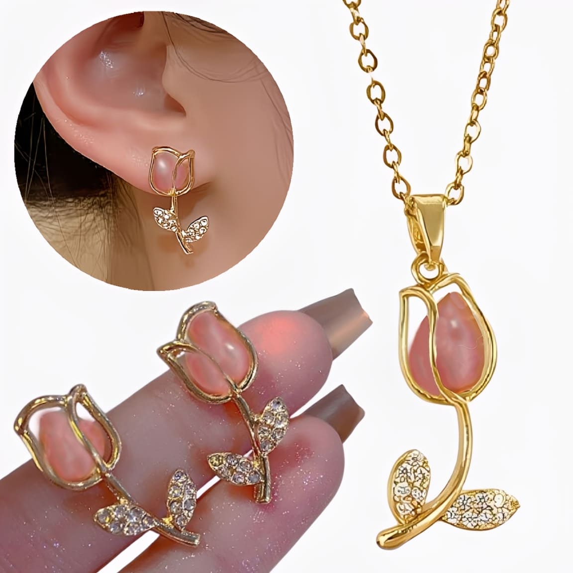 Collar Y Aretes De Tulipan Mujer Dorado Acero Inoxidable Regalo Especial