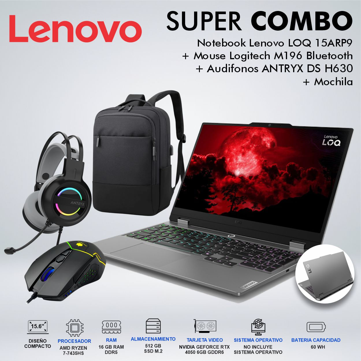 LAPTOP LENOVO GAMING LOQ 15ARP9 RYZEN 7 7435HS MEMORIA 16GB DISCO 512GB 83JC00MMLM