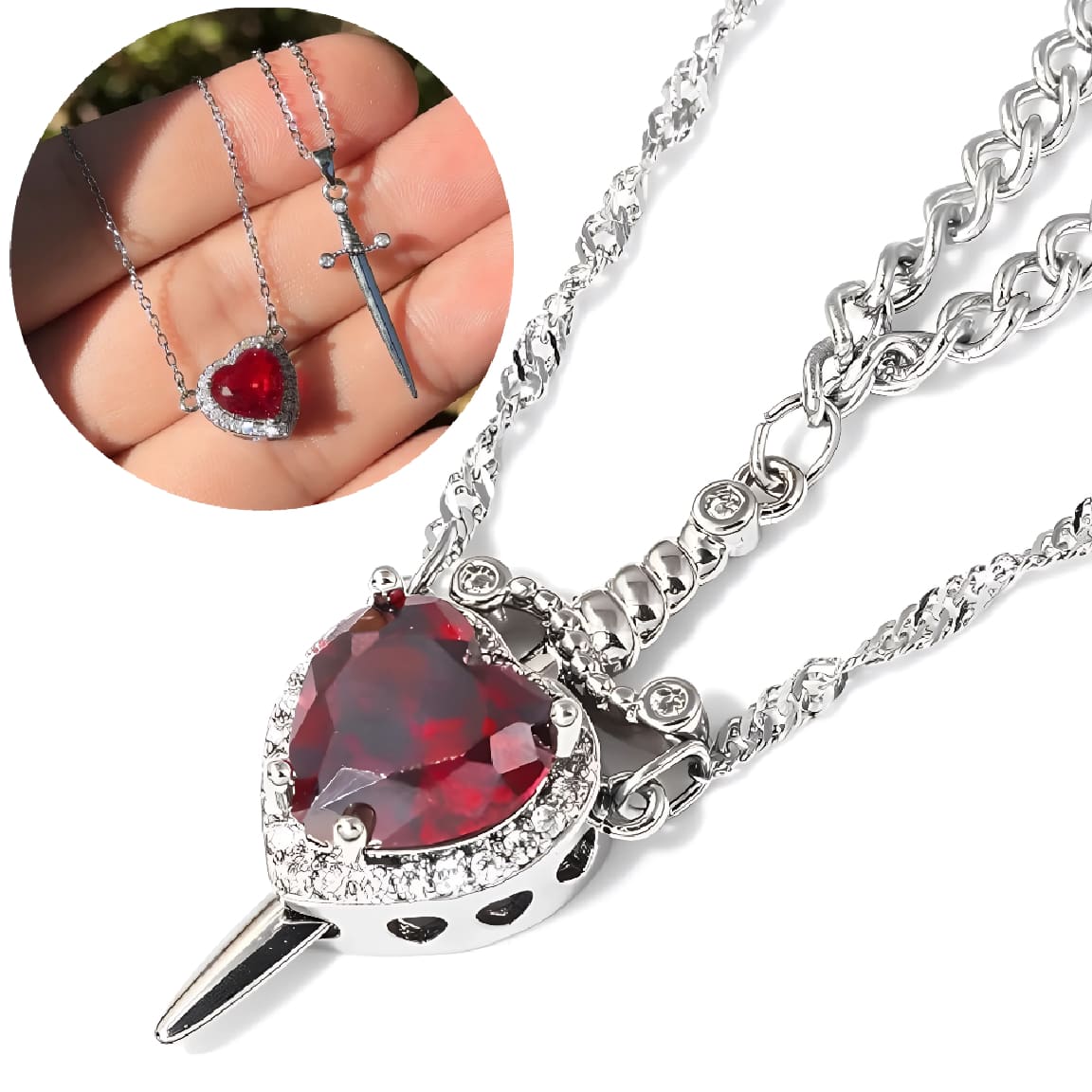 Collar de Pareja Corazon y Espada Plateado Diseño Unico Rojo