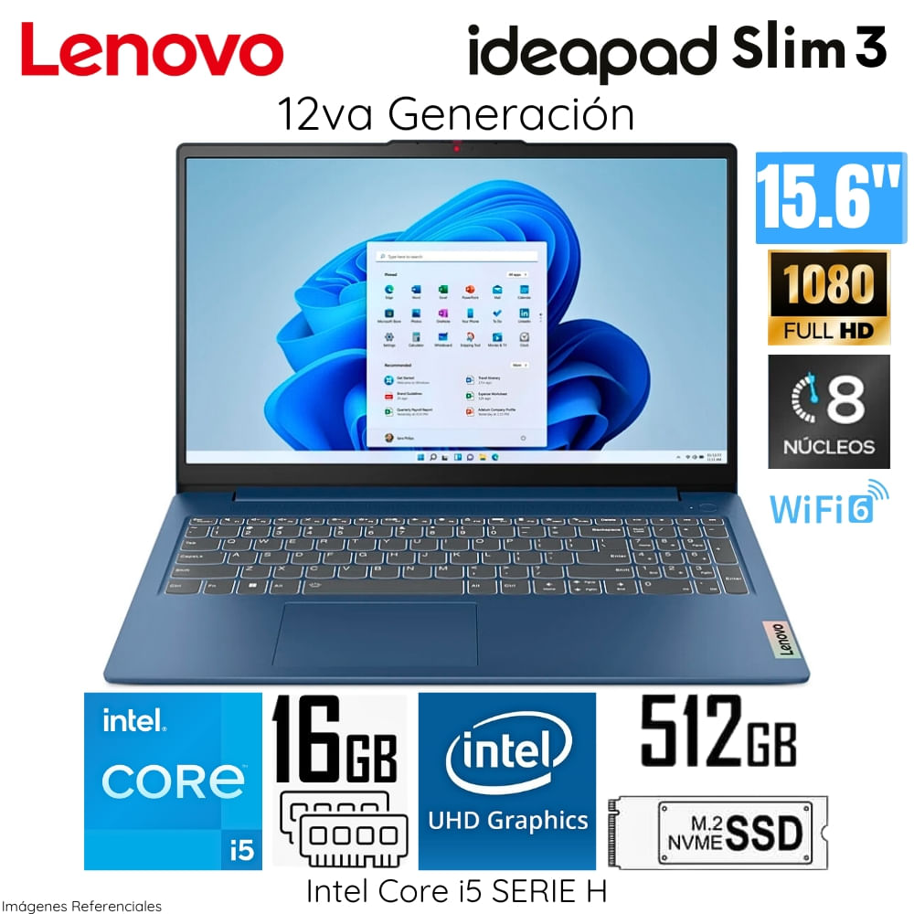 Laptop Lenovo IDEAPAD SLIM 3 Intel Core I5 12450H 16GB RAM 512GB SSD 15.6 FHD 15IAH8 - 83ER001DLM