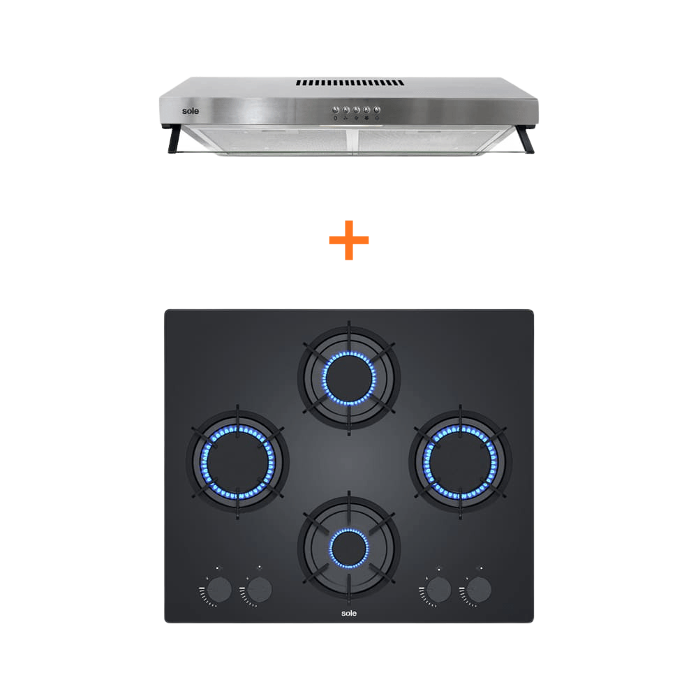 COMBO SOLE 1719 Encimera Rubí Vidrio y Camp Extractora Roma Inox