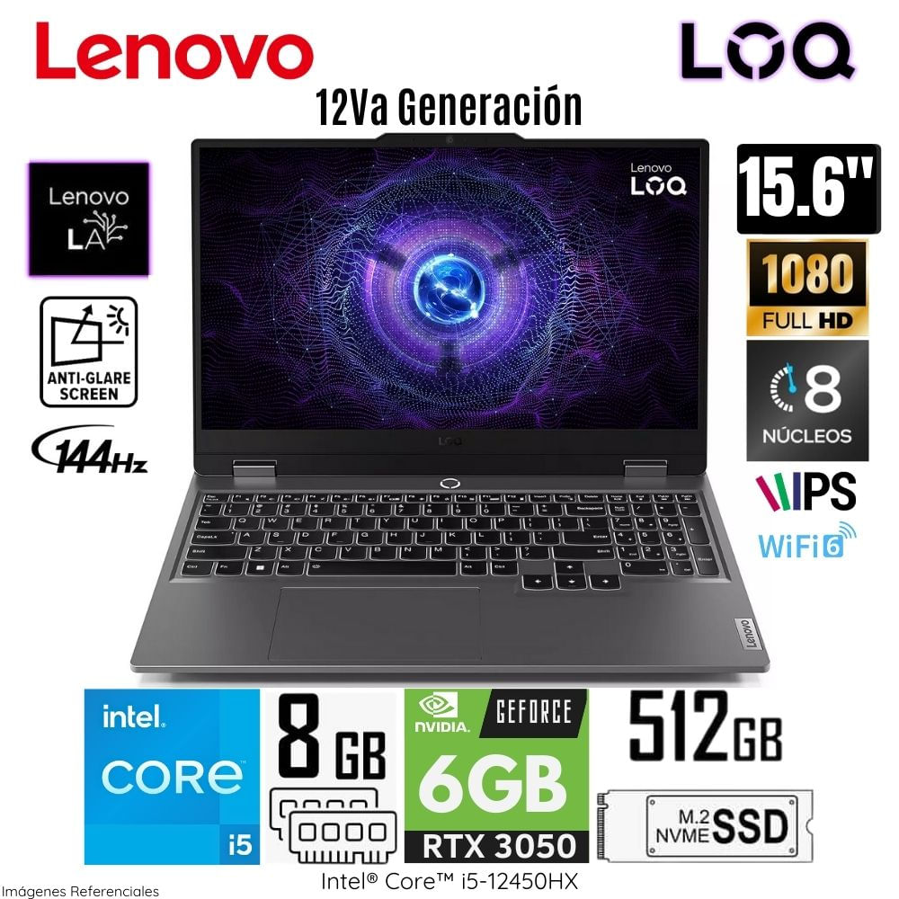 Laptop Lenovo LOQ 15IAX9 Intel Core i5-12450HX 8GB RAM 512GB SSD RTX 3050-6GB 83GS006WLM Laptop Lenovo LOQ 15IAX9 Intel Core i5-12450HX 8GB RAM 512GB SSD RTX 3050-6GB 83GS006WLM