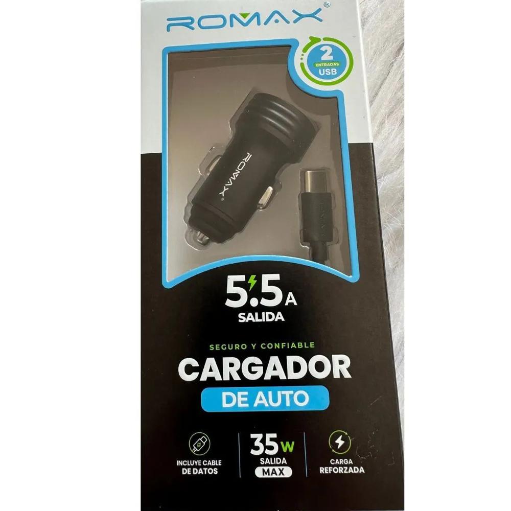 Cargador De Carro 60w Romax Usb Y Tipo C Negro carga rápida