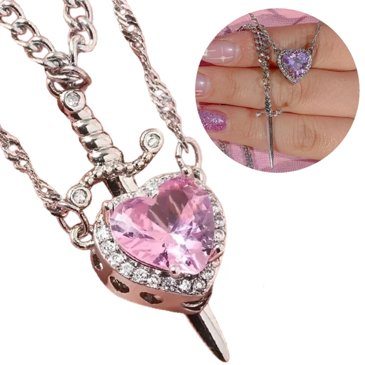 Collar de Pareja Corazon y Espada  Plateado Diseño Unico Rosa con Circonia