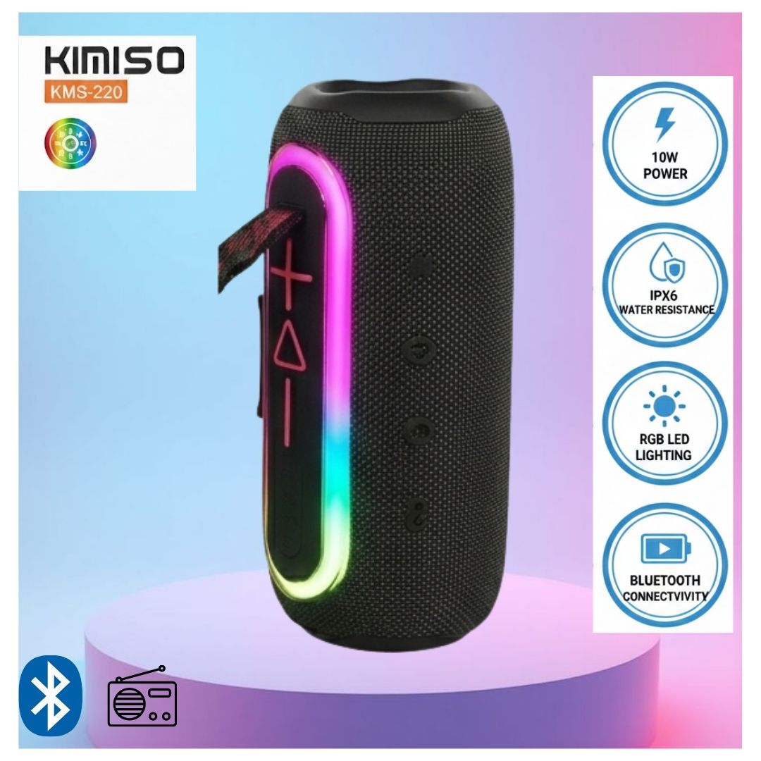Parlante Bluetooth Portátil KIMISO KMS-220 con X-BASS y Luces LED - NEGRO