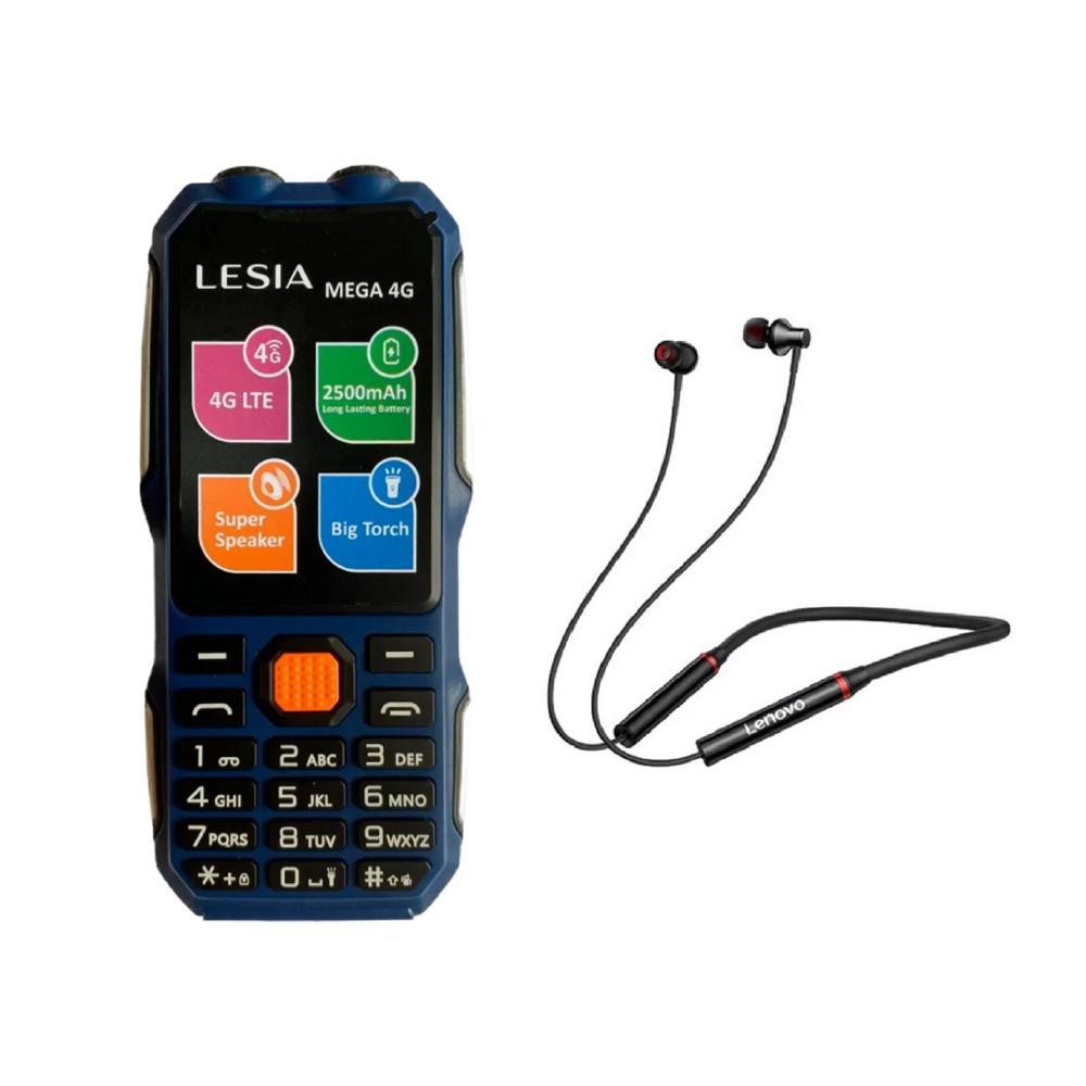 Celular Básico Lesia Mega 4G Todo Terreno Azul + Audífonos Bluetooth Lenovo HE05X