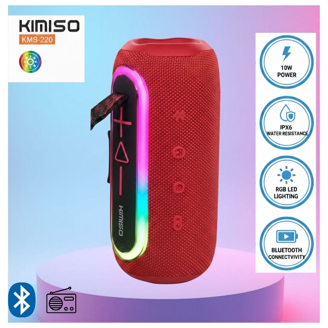 Parlante Bluetooth Portátil KIMISO KMS-220 con X-BASS y Luces LED - ROJO