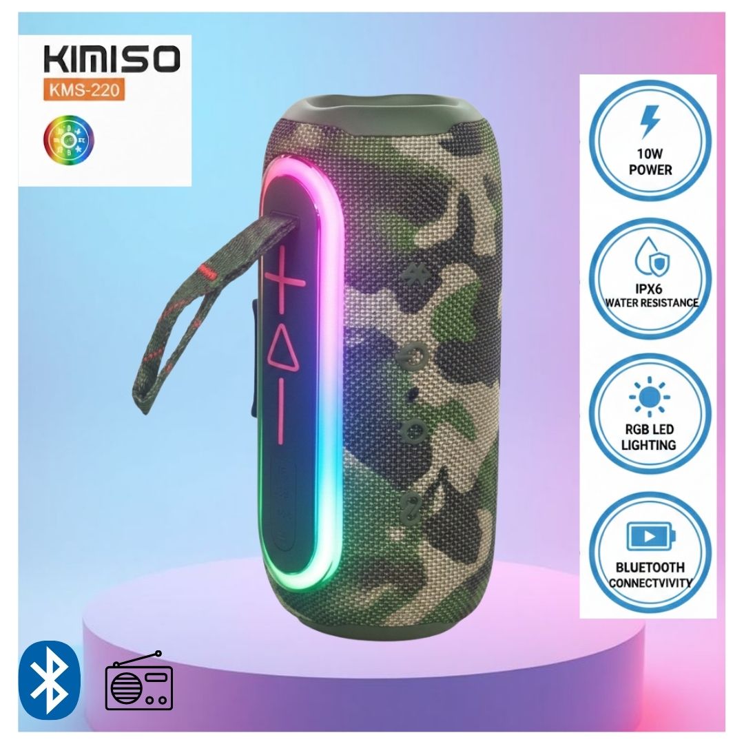 Parlante Bluetooth Portátil KIMISO KMS-220 con X-BASS y Luces LED - VERDE MILITAR