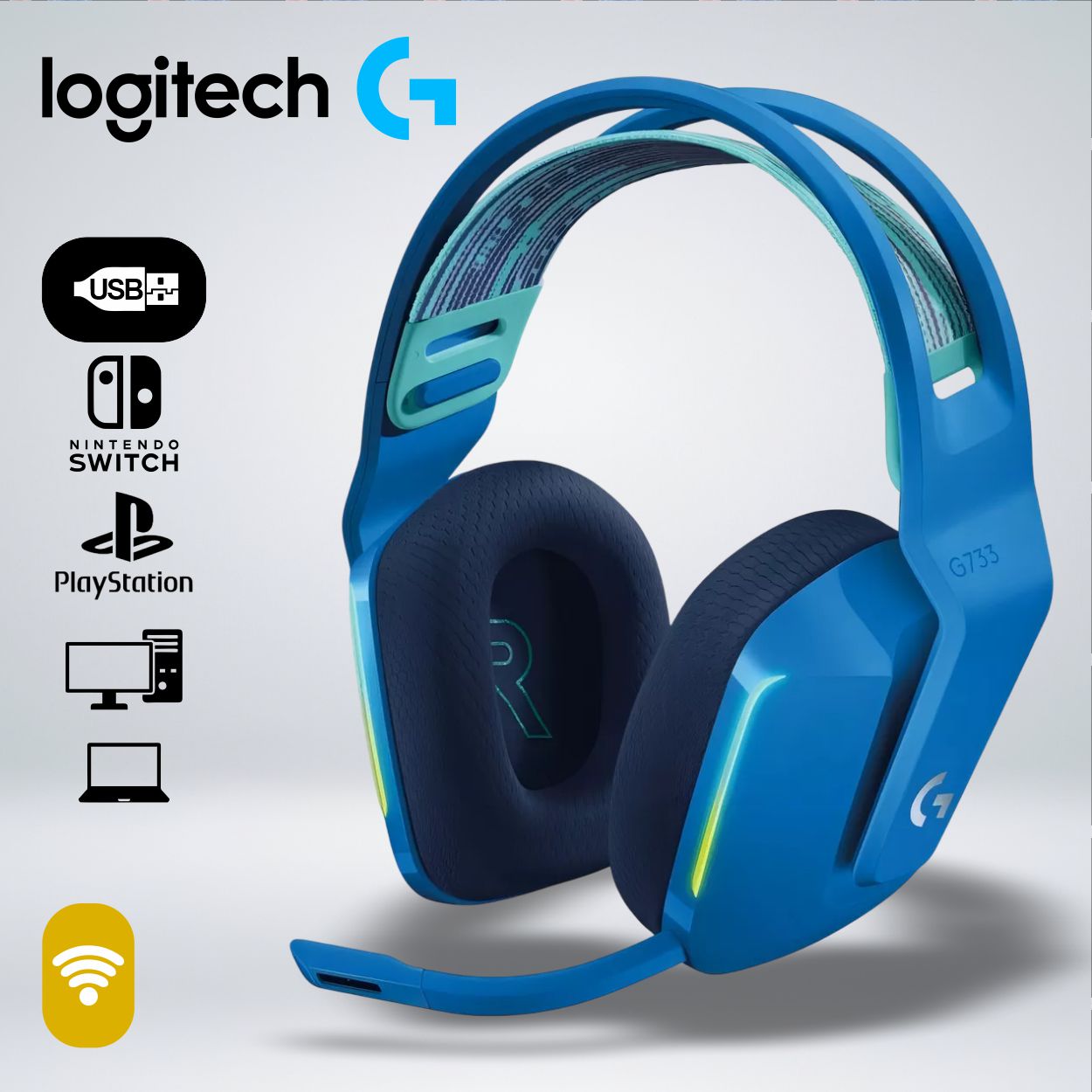 AUDIFONO GAMER G733 RGB LGHTSPEED WIRELESS SONIDO 7.1 BLUEVOICE