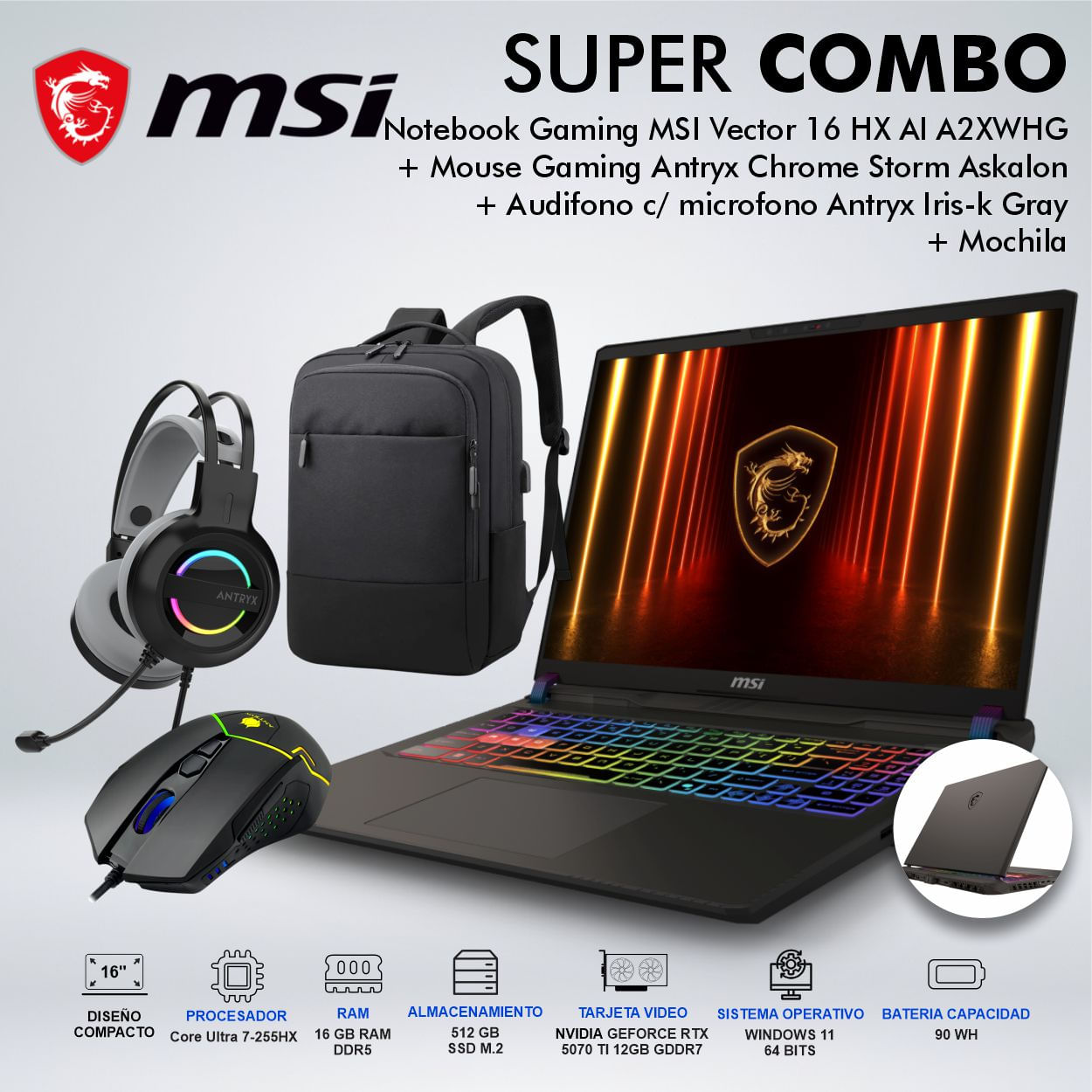 LAPTOP GAMING MSI VECTOR 16 HX AI A2XWHG CORE ULTRA 7-255HX MEMORIA 16GB DISCO 512GB