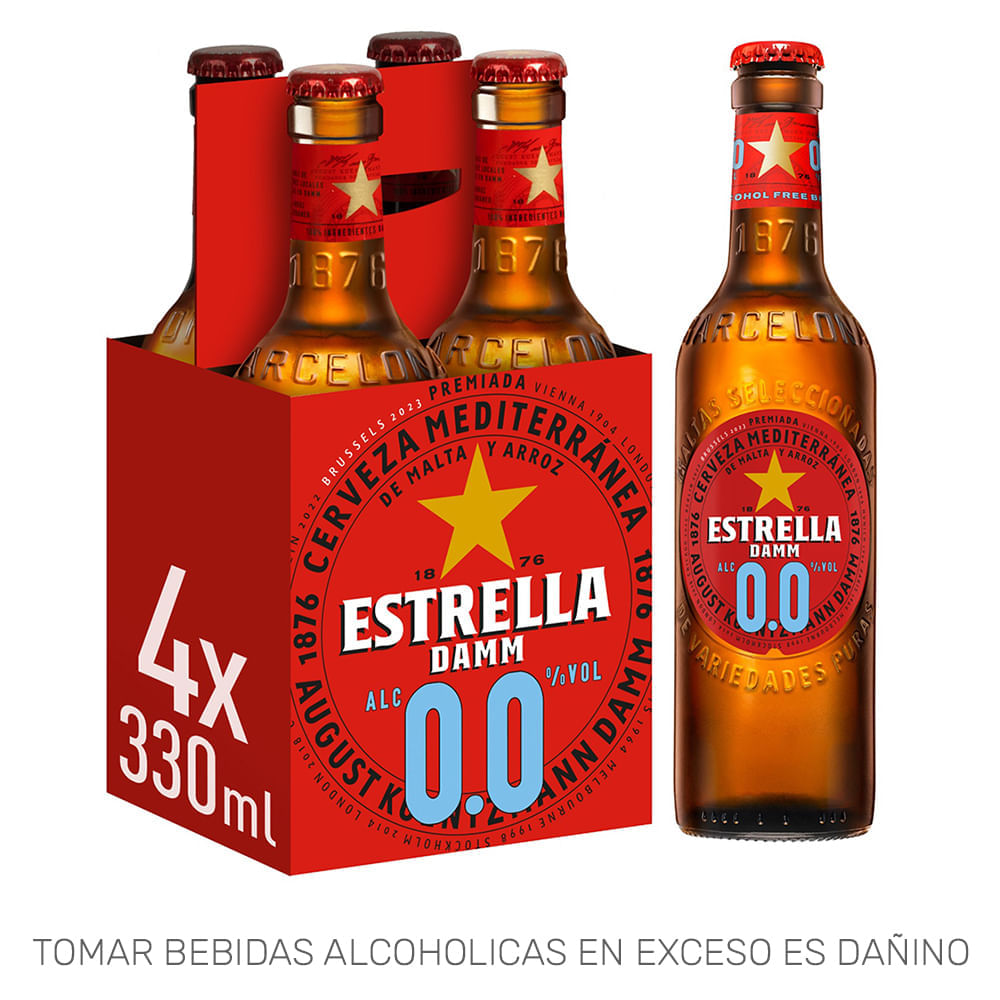 Cerveza ESTRELLA DAMM 0.0% Botella 330ml Pack 4un