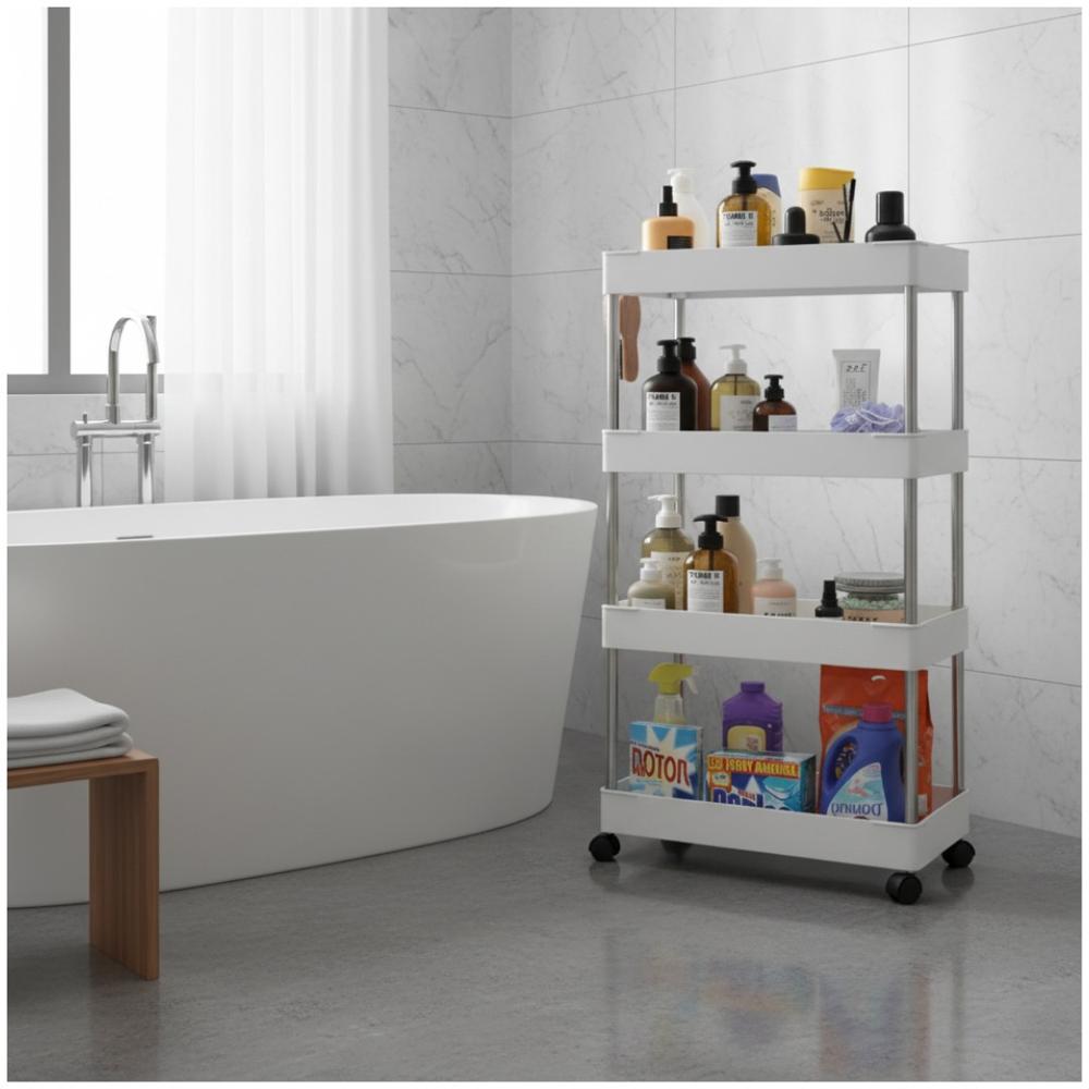 Carrito Organizador de Cocina Baño Multiusos 4 Niveles con Ruedas 105x39x21cm Blanco