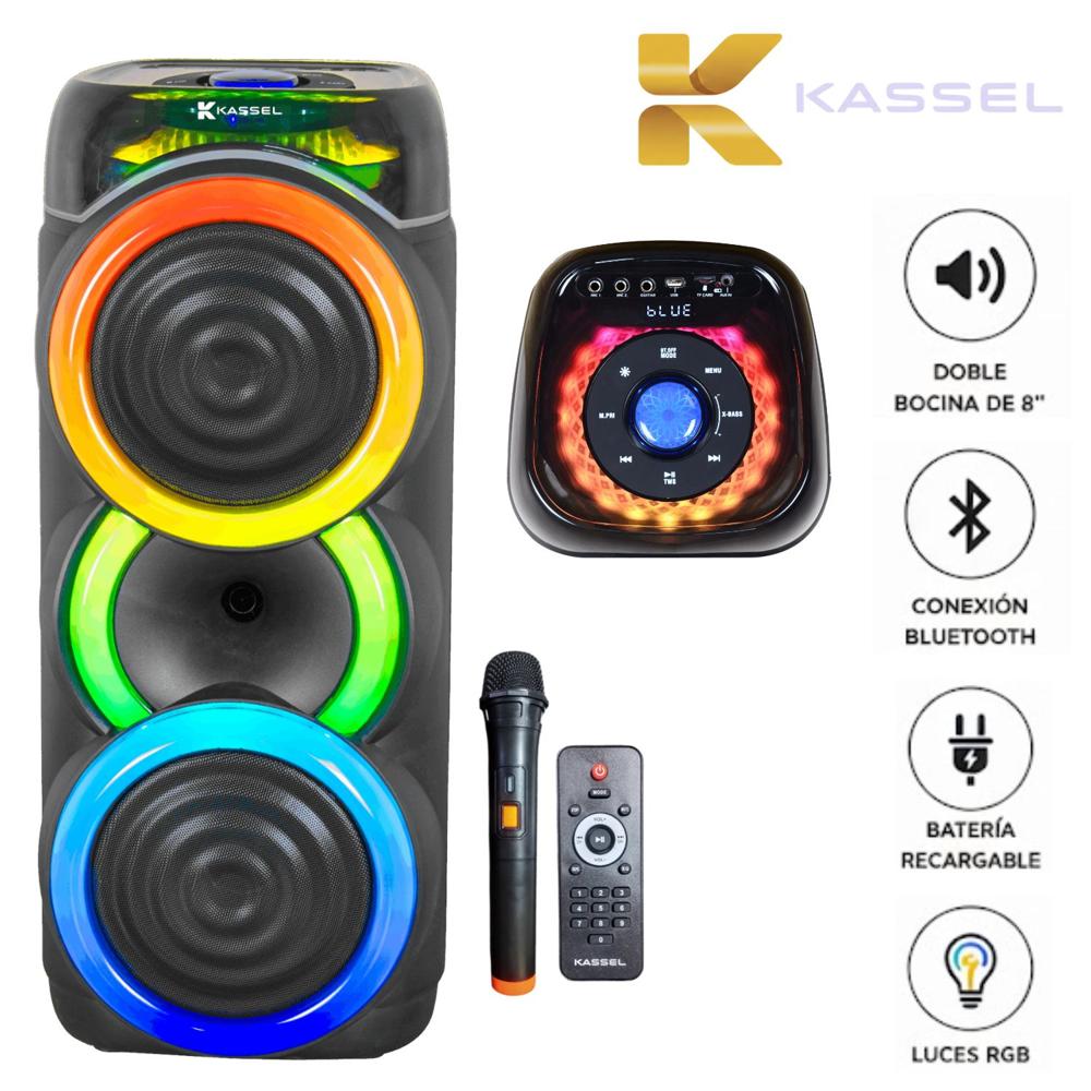 Torre de Sonido Kassel K2822 con 02 Bocinas de 8 pulg, Karaoke Luces LED RGB