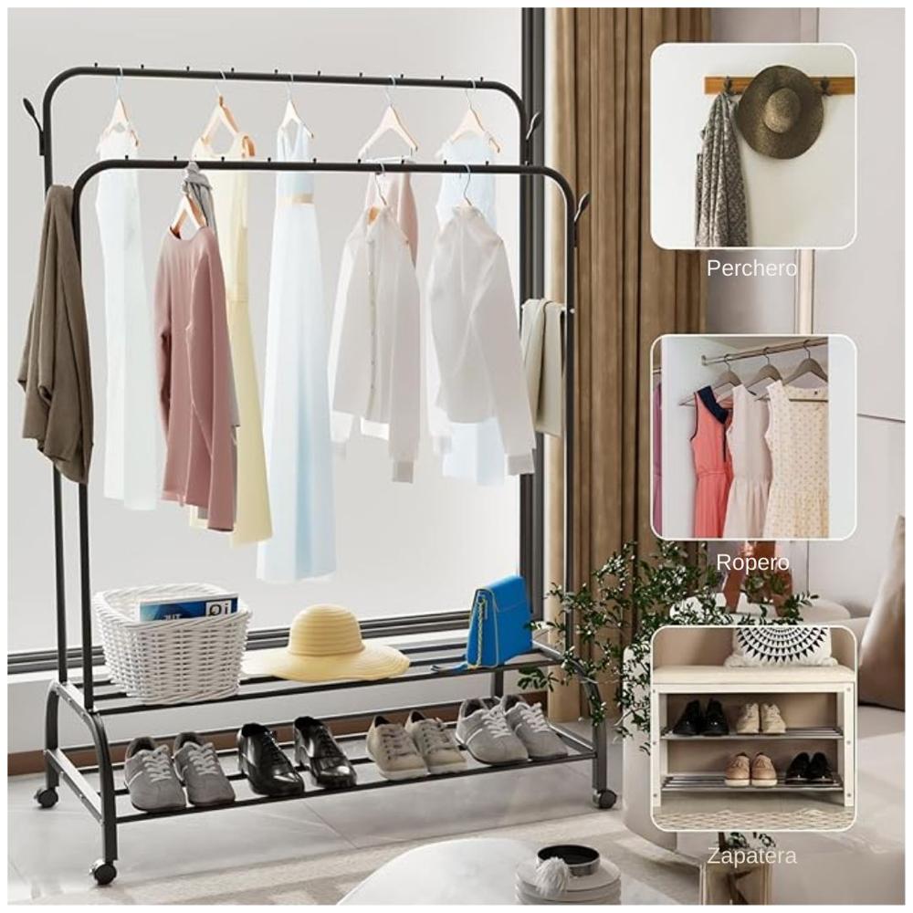 Colgador Perchero de Metal con Ruedas con Doble Organizador y Doble Repisa 160x110x56cm Negro