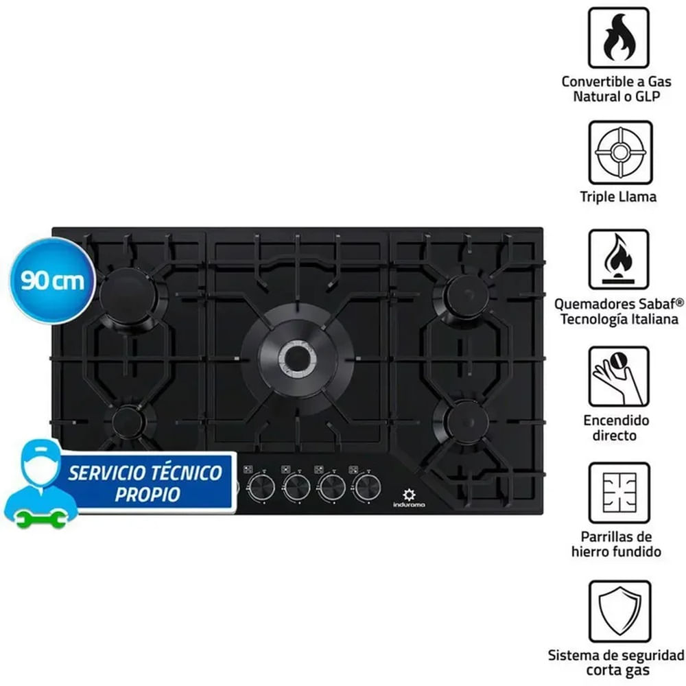 Encimera a Gas Indurama 5 Quemadores EGASI-905CGNE - Negro