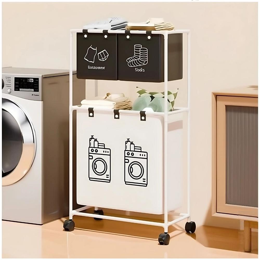 Cesto de Ropa 2 Niveles 3 Compartimientos para Lavandería con Ruedas 100x55x25cm
