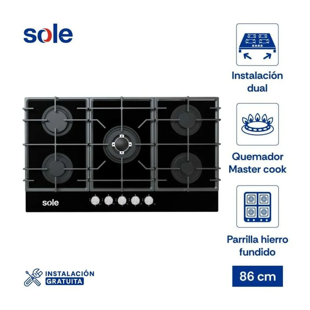 Cocina Empotrable Sole 5 Hornillas 86cm SOLCO046V2 - Negro