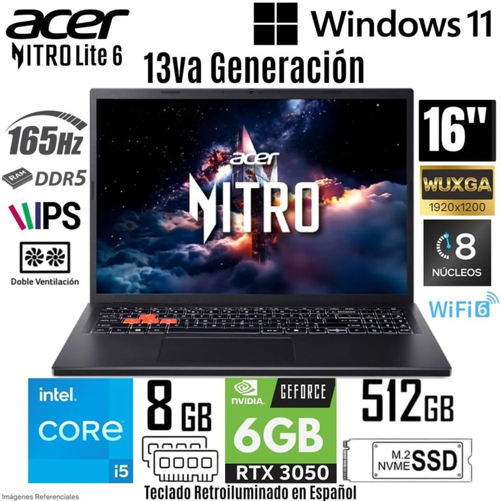 Laptop Acer Nitro Lite 6 NL16-71G-52K7 Intel Core i5-13420H 8GB RAM 512GB SSD RTX3050 6GB