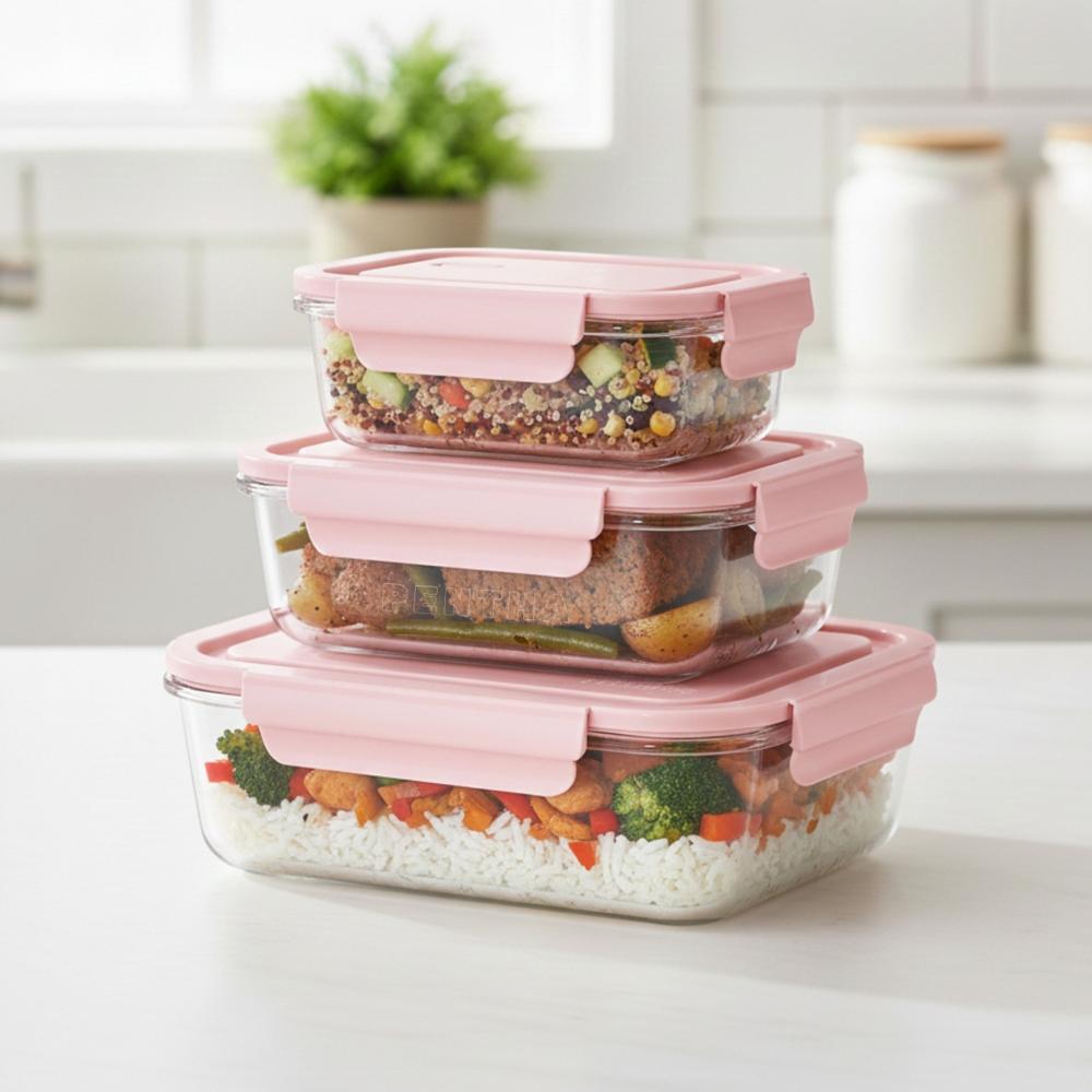 Set 3 Tapers Herméticos De Vidrio Con Tapa - Rosa