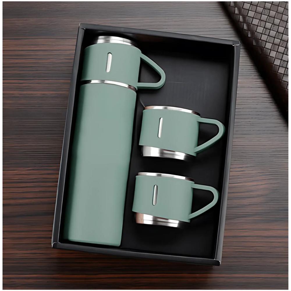 Termo de Acero Inoxidable Bebidas Frías y Calientes de 500 ml con 3 Tazas Verde