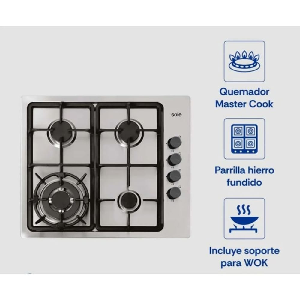 Cocina Encimera a Gas de Acero Inoxidable 58 cm Sole SOLCO036V2