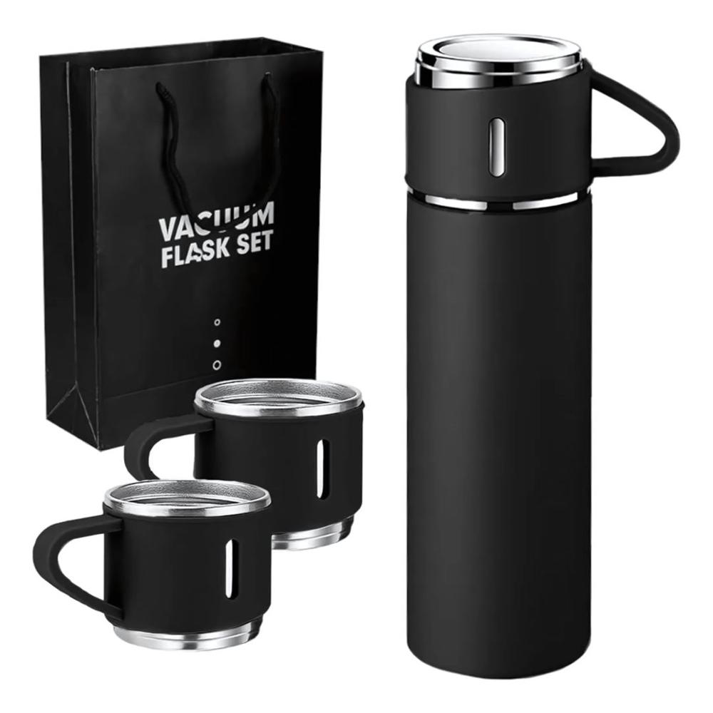 Termo de Acero Inoxidable Bebidas Frías y Calientes de 500 ml con 3 Tazas Negro