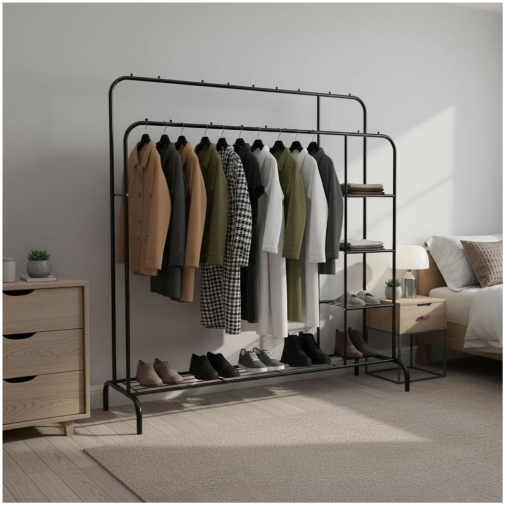 Colgador Perchero de Metal con Ruedas con Doble Barra y 5 Repisas 160x110x56cm