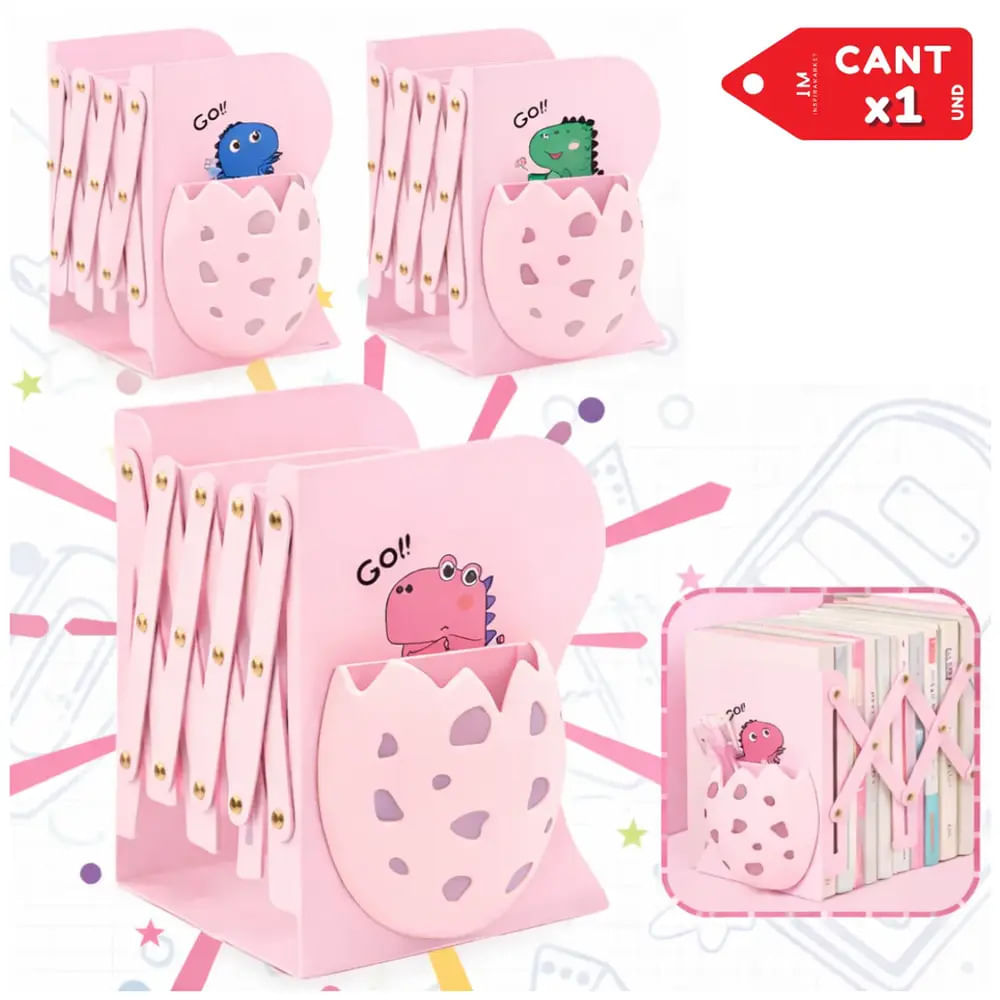Organizador de Libros Extensible Dino Kawai Ajustable de Metal para Escritorio Rosa