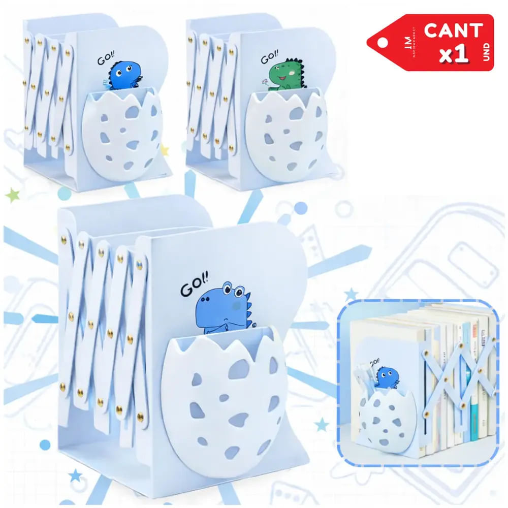 Organizador de Libros Extensible Dino Kawai Ajustable de Metal para Escritorio Celeste