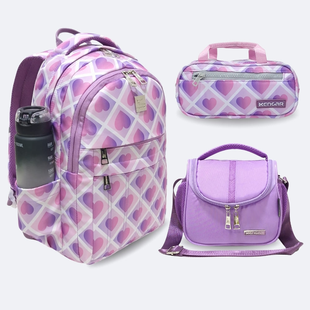 Kit Escolar Kengar - Mochila Oficio Lonchera y Cartuchera Lila Corazón Kit Escolar Kengar - Mochila Oficio Lonchera y Cartuchera Lila Corazón