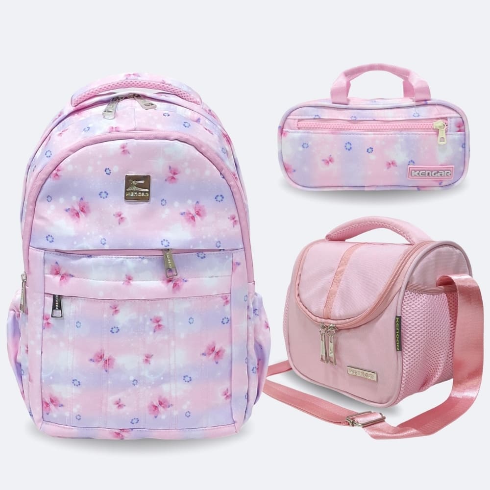 Kit Escolar Kengar - Mochila Oficio Lonchera y Cartuchera Rosado Mariposa Kit Escolar Kengar - Mochila Oficio Lonchera y Cartuchera Rosado Mariposa