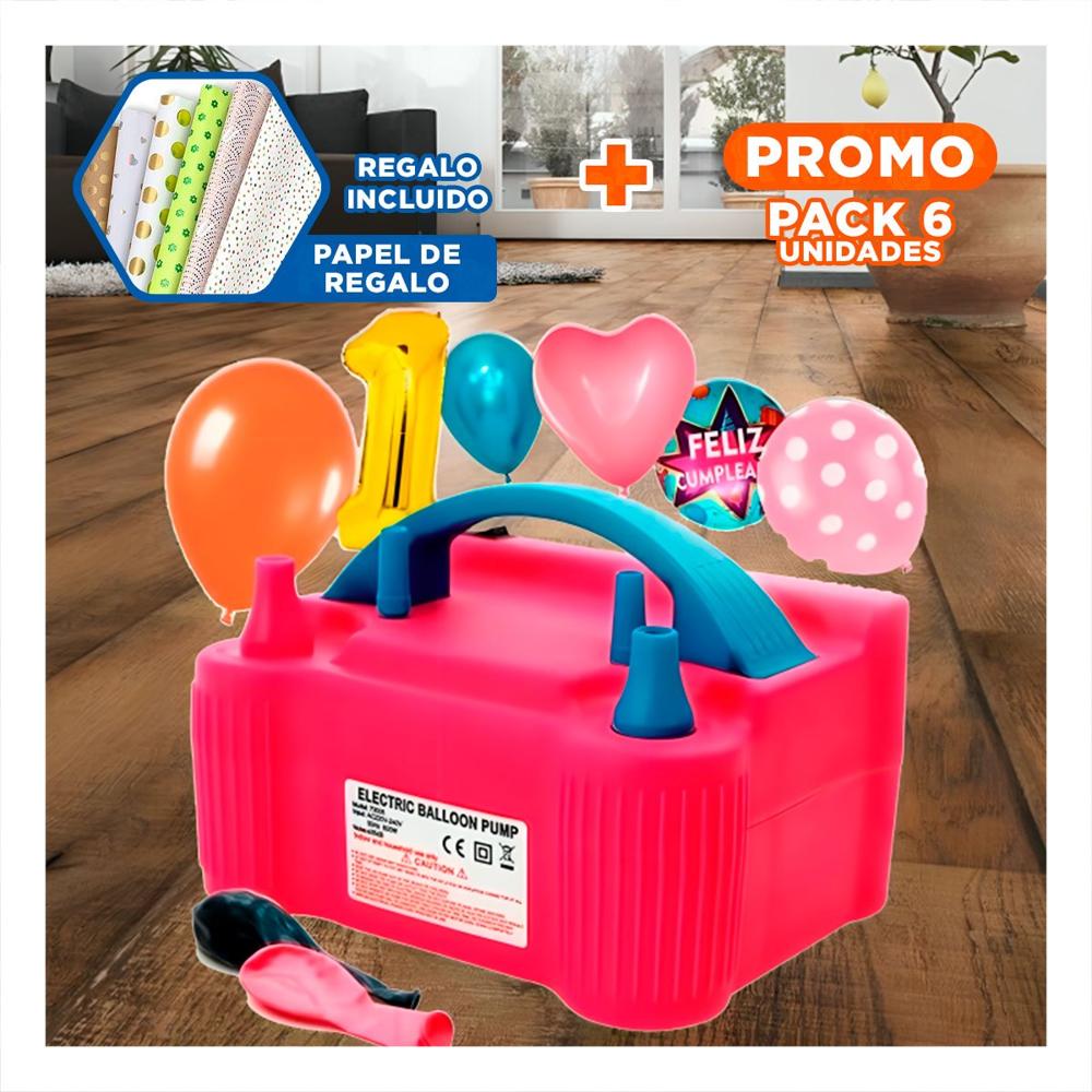 Pack6 Compresor Manual de Globo Fucsia y Compacto para Niños y Diversion Y+Papel Regalo