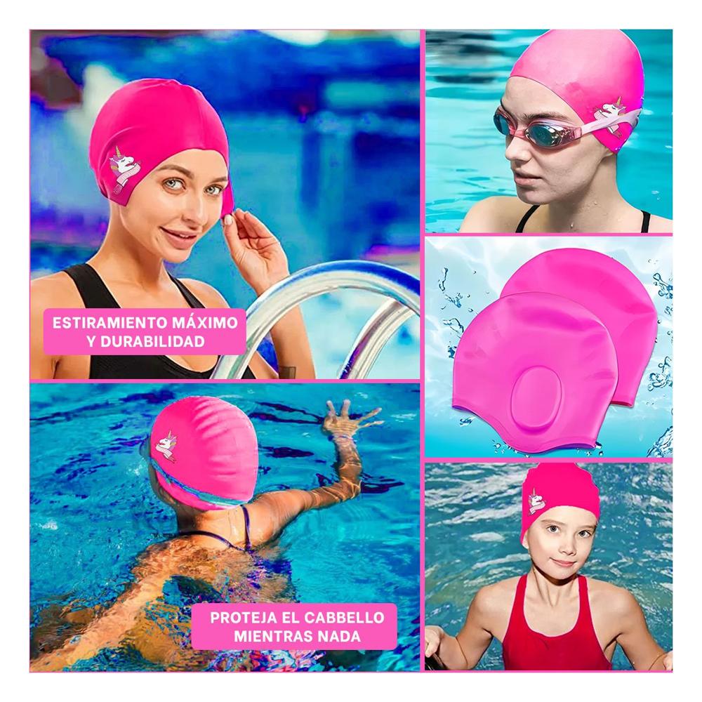 Equipo Acuatico para Piscina con Gorro Rosado de Unicornio Y+Ligas Regalo