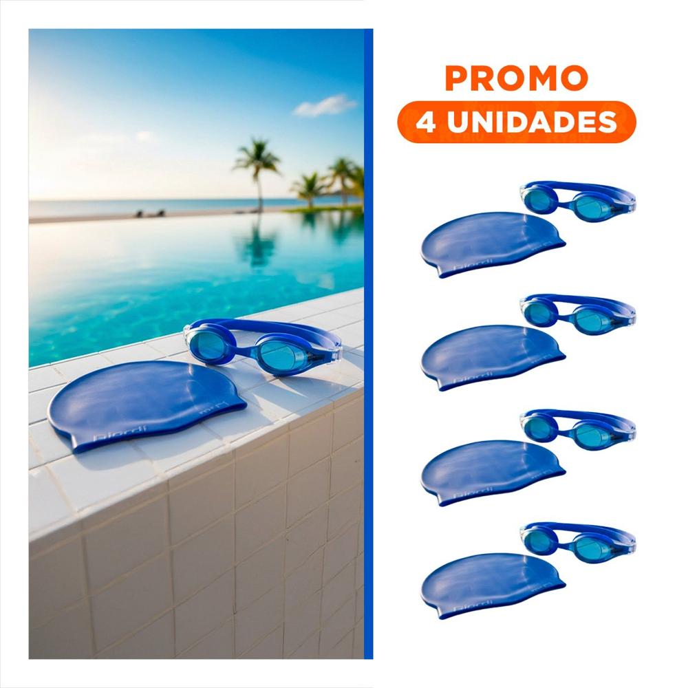 Pack4 Kit de Lentes y Gorro Azul para Natacion Recreativa y Deporte