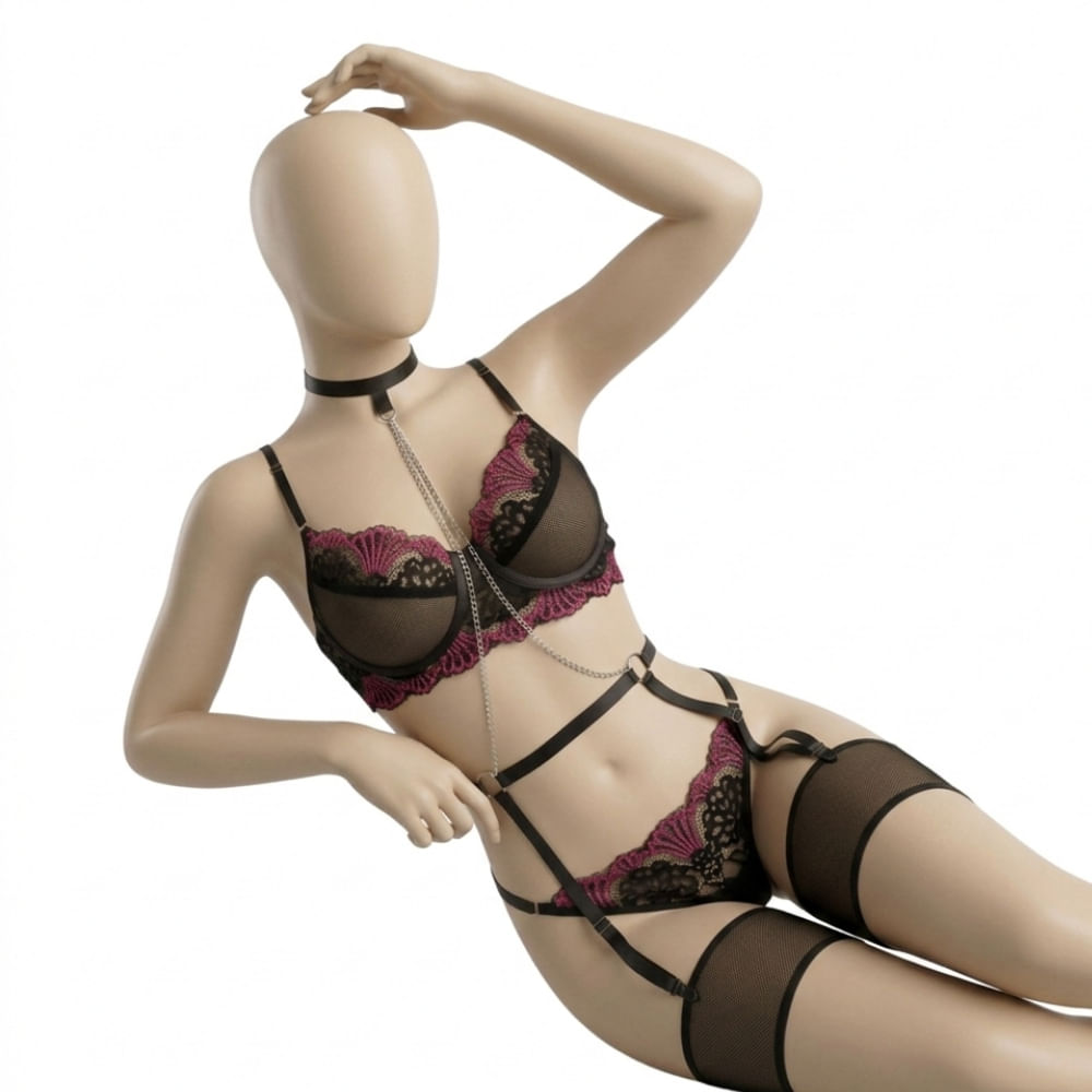 LENCERIA BRALETTE DE ENCAJE FESTONEADO RAYSA M34NF NEGRO CON MAGENTA