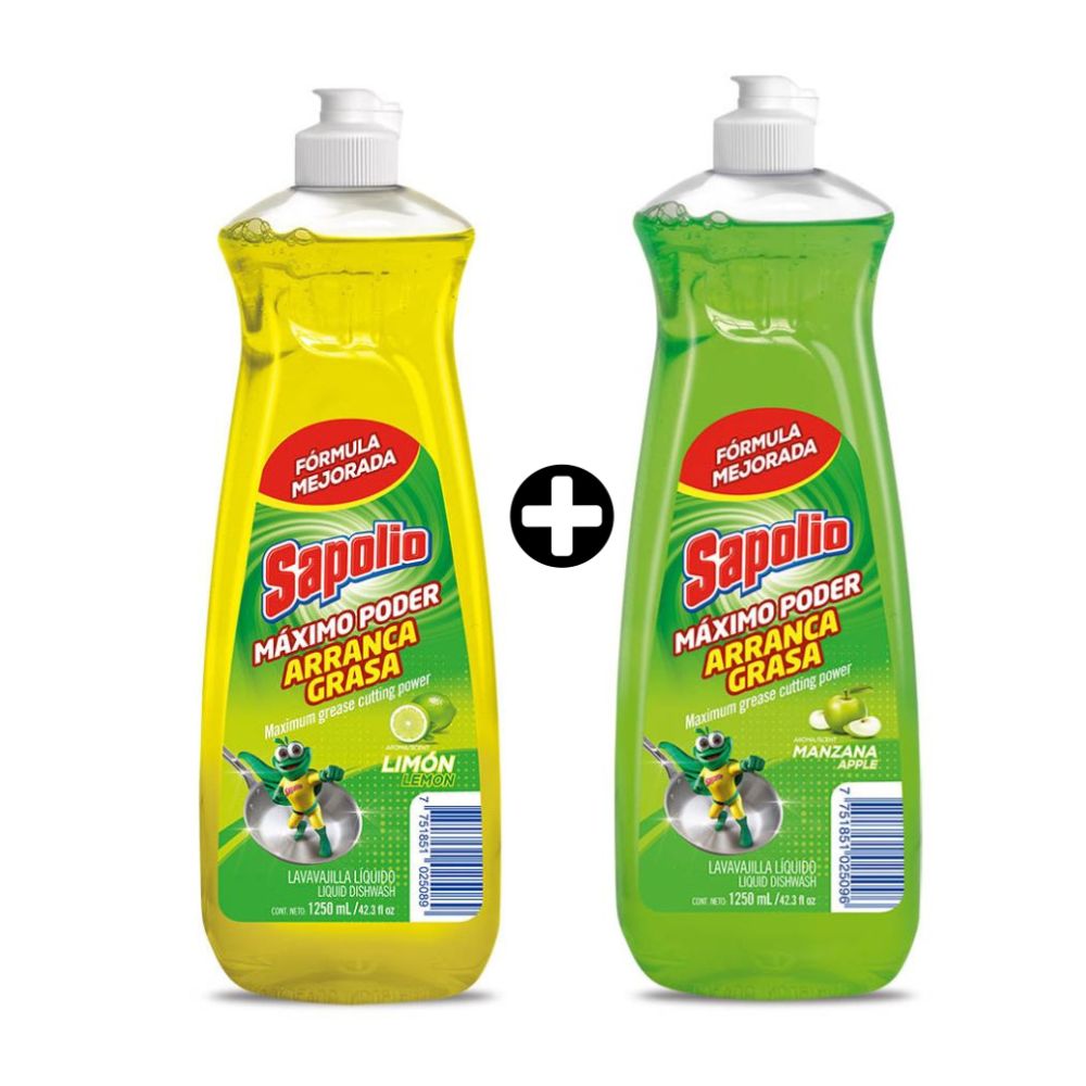 COMBO Lavavajilla líquida Sapolio Limón 1.25 litros + Lavavajilla líquida Sapolio Manzana 1.25 litros