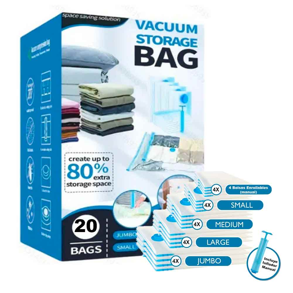 Set 20 Bolsas de Aire al Vacío de Viaje con Bomba de Aire Manual Jumbo Large Medium Small