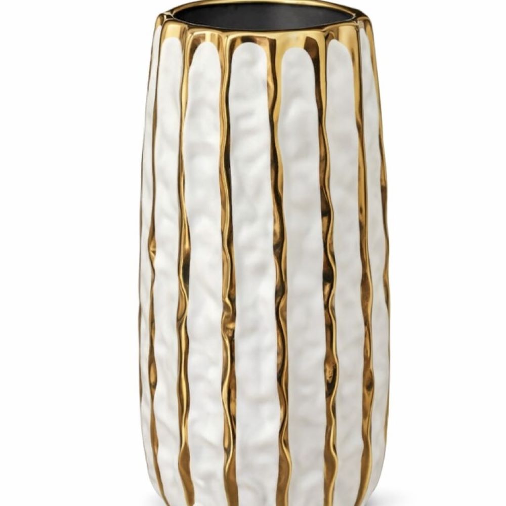 Florero de Céramica Texturizado Blanco con bordes Dorados