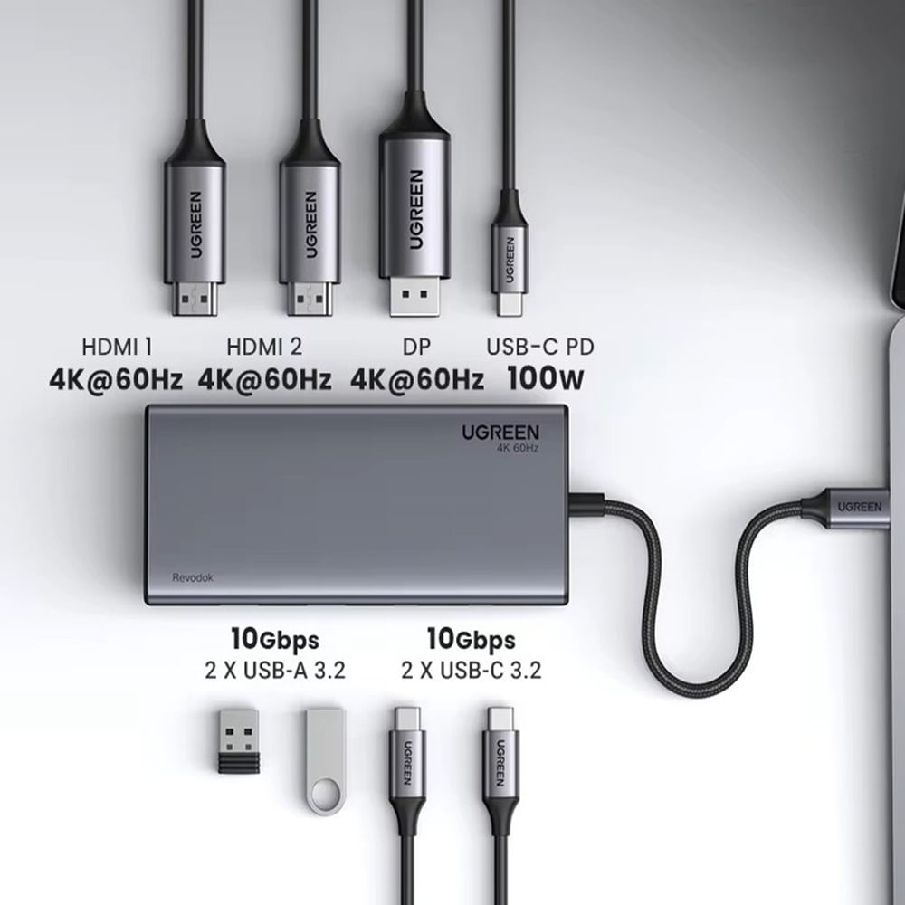 Hub Ugreen  8 En 1 USB-C Revodok  Con 2 HDMI 4K. DP. 2 USB A-C 3.2 100W PD - CM639