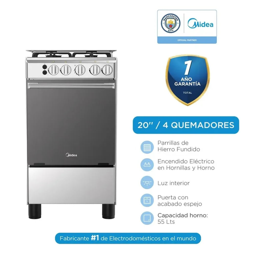 Cocina a Gas MIDEA 4 Quemadores MGS20F0LJAGG Silver