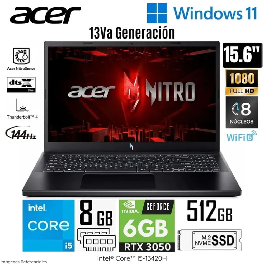 Laptop Acer NITRO V15 ANV15-51-56GH Intel Core i5 13va Gen 8GB RAM 512GB SSD 156 FHD RTX3050