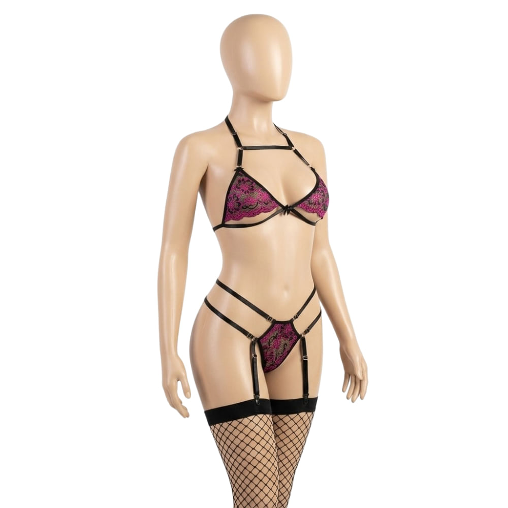 CONJUNTO SET LENCERIA PORTALIGAS AURORA MAGENTA 20FC