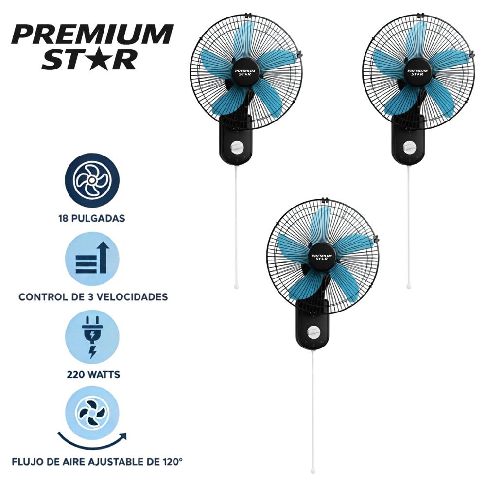 Pack 03 Ventiladores Pared 18 pulg Premium Star 220 Watts Negro