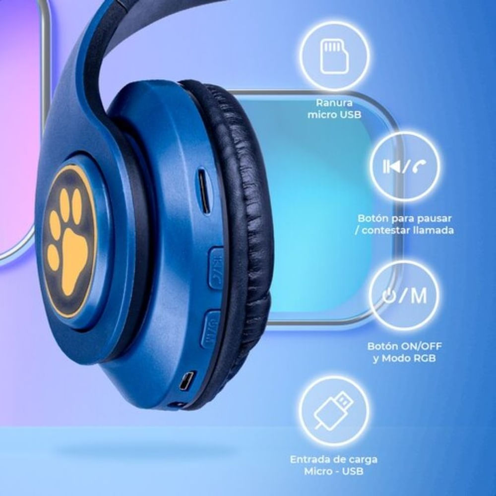 Audifono Bluetooth Con Orejas de Gato Con Microfono Azul