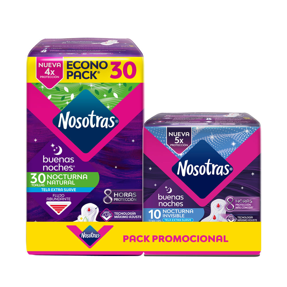 Toallas Higiénicas NOSOTRAS Buenas Noches Paquete 30un + Invisibles Paquete 10un